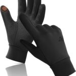Pair of black Aerynx winter gloves on a flat surface, showcasing the three-finger touchscreen capability and silicone palm gr