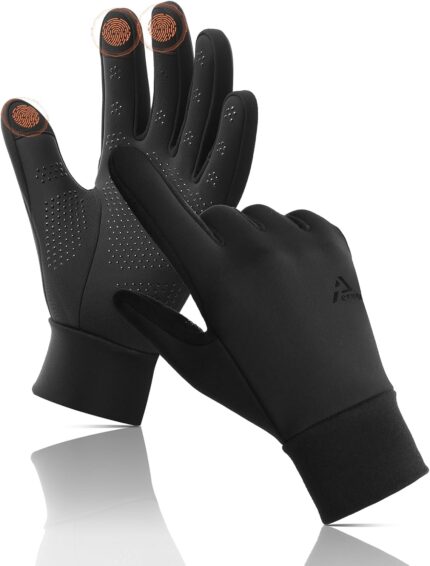 Pair of black Aerynx winter gloves on a flat surface, showcasing the three-finger touchscreen capability and silicone palm gr