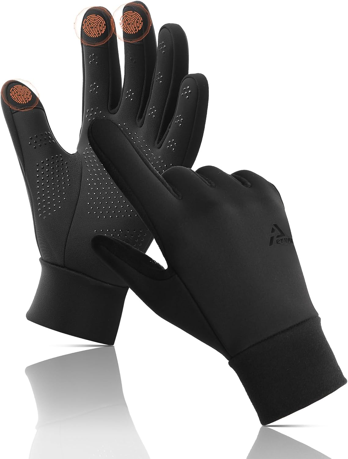 aerynx-winter-gloves-for-men-women-touchscreen-cold-weather-gloves-01 Pair of black Aerynx winter gloves on a flat surface, showcasing the three-finger touchscreen capability and silicone palm gr