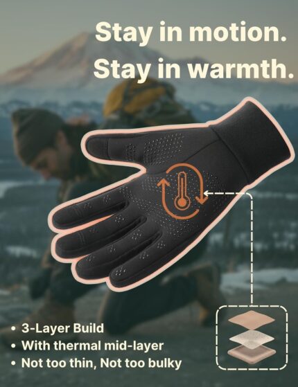 Pair of black Aerynx winter gloves on a flat surface, showcasing the three-finger touchscreen capability and silicone palm gr