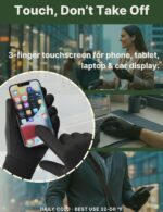 Pair of black Aerynx winter gloves on a flat surface, showcasing the three-finger touchscreen capability and silicone palm gr