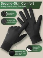 Pair of black Aerynx winter gloves on a flat surface, showcasing the three-finger touchscreen capability and silicone palm gr