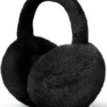Close-up of black faux fur ear muffs, soft and fluffy, designed for winter warmth and comfort.