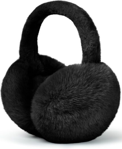 Close-up of black faux fur ear muffs, soft and fluffy, designed for winter warmth and comfort.
