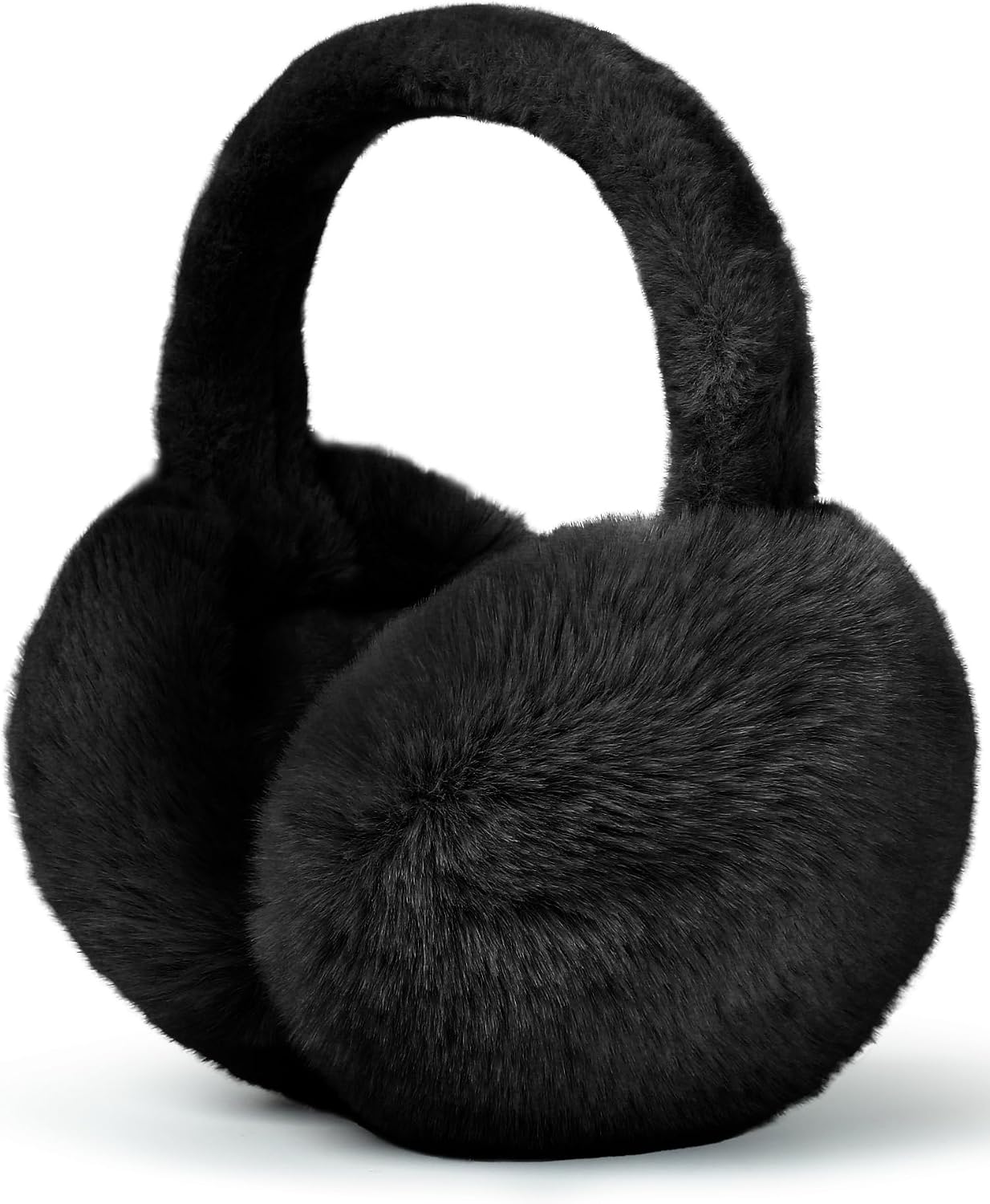 buauty-soft-faux-fur-ear-muffs-for-adults-one-size-black-winter-ear-warmers-01 Close-up of black faux fur ear muffs, soft and fluffy, designed for winter warmth and comfort.