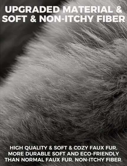Close-up of black faux fur ear muffs, soft and fluffy, designed for winter warmth and comfort.