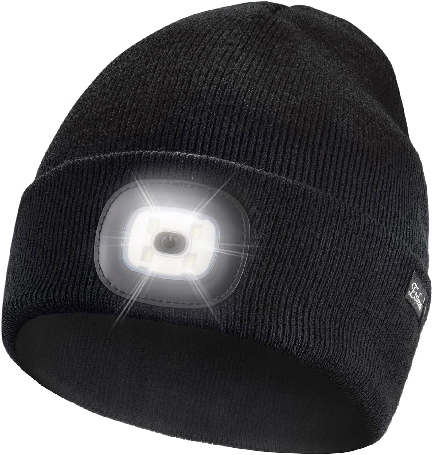 etsfmoa-unisex-lighted-beanie-black-hands-free-led-winter-hat-01 Black Etsfmoa unisex beanie with an integrated LED light, shown on a person outdoors at night.