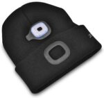 Black Etsfmoa unisex beanie with an integrated LED light, shown on a person outdoors at night.