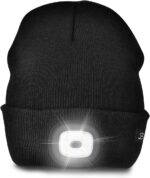 Black Etsfmoa unisex beanie with an integrated LED light, shown on a person outdoors at night.