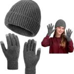 Close-up of a grey knit beanie and matching touchscreen gloves set, folded neatly against a neutral background.