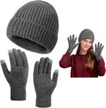 Close-up of a grey knit beanie and matching touchscreen gloves set, folded neatly against a neutral background.