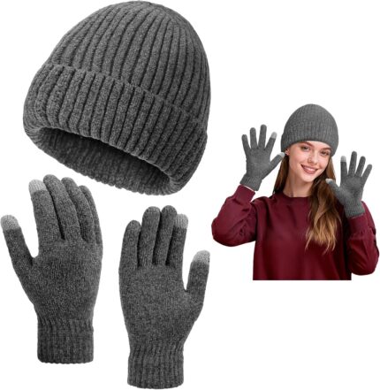 Close-up of a grey knit beanie and matching touchscreen gloves set, folded neatly against a neutral background.