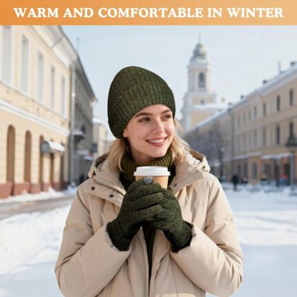 Close-up of a grey knit beanie and matching touchscreen gloves set, folded neatly against a neutral background.