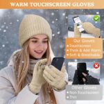 Close-up of a grey knit beanie and matching touchscreen gloves set, folded neatly against a neutral background.