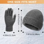 Close-up of a grey knit beanie and matching touchscreen gloves set, folded neatly against a neutral background.