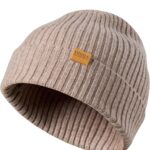 Close-up of a light camel 100% merino wool cuffed beanie hat, showcasing its soft knit texture.