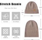 Close-up of a light camel 100% merino wool cuffed beanie hat, showcasing its soft knit texture.