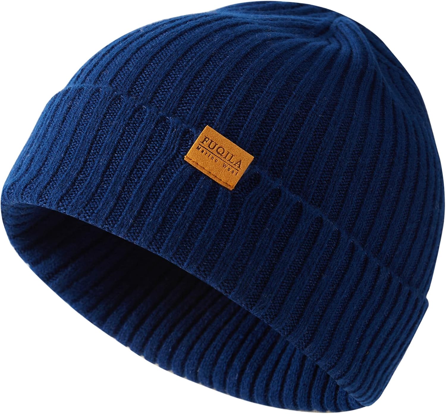 fuqila-unisex-merino-wool-cuff-beanie-hat-soft-warm-stretchy-winter-cap-01 Close-up of a knitted FUQILA Merino wool cuff beanie hat in a solid color, showcasing its soft texture.
