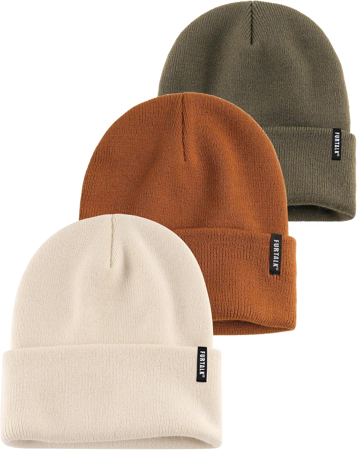 furtalk-unisex-cuffed-beanie-3-pack-green-caramel-beige-knit-winter-hats-01 Three cuffed knit beanies in green, caramel, and beige, stacked on a white background, showcasing their soft texture.