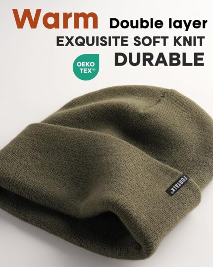 Three cuffed knit beanies in green, caramel, and beige, stacked on a white background, showcasing their soft texture.