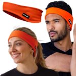 An orange Good Bands thermal fleece ear warmer headband, shown flat, ready for cold weather activities.