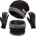 Black knit beanie hat, neck warmer scarf, and touchscreen gloves set for men and women on a plain background