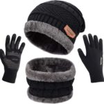 Black knit beanie hat, neck warmer scarf, and touchscreen gloves set for men and women on a plain background