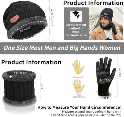 Black knit beanie hat, neck warmer scarf, and touchscreen gloves set for men and women on a plain background