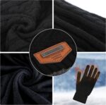 Black knit beanie hat, neck warmer scarf, and touchscreen gloves set for men and women on a plain background