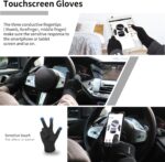 Black knit beanie hat, neck warmer scarf, and touchscreen gloves set for men and women on a plain background