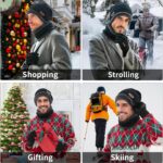 Black knit beanie hat, neck warmer scarf, and touchscreen gloves set for men and women on a plain background