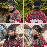 Black knit beanie hat, neck warmer scarf, and touchscreen gloves set for men and women on a plain background