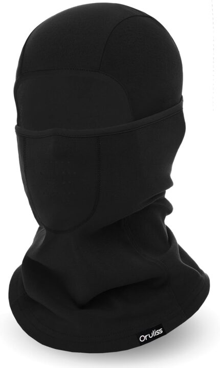 A black Oruliss balaclava ski mask worn by an adult, covering the head and neck, with a focus on its breathable fabric.