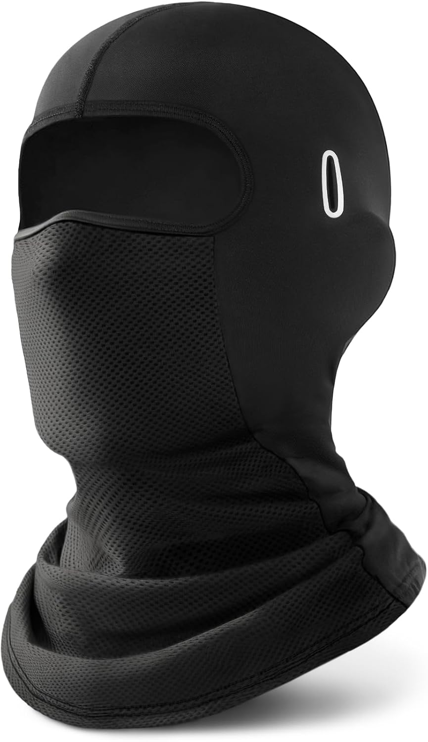 roxun-black-balaclava-moto-face-mask-lightweight-ice-silk-cooling-sun-protection-01 A black ROXUN balaclava face mask, made of ice silk cooling fabric and mesh, designed for sun protection.
