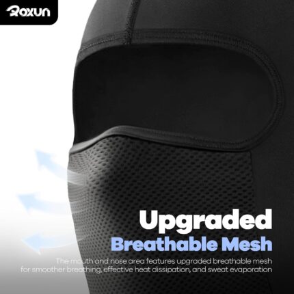 A black ROXUN balaclava face mask, made of ice silk cooling fabric and mesh, designed for sun protection.