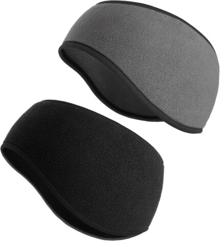 Two SAVITA thermal fleece ear warmer headbands, one black and one grey, displayed on a neutral background.