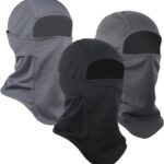 Three Sclzoed balaclava ski masks in black, dark grey, and grey, displayed folded.