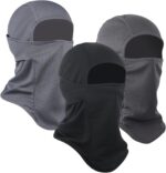 Three Sclzoed balaclava ski masks in black, dark grey, and grey, displayed folded.
