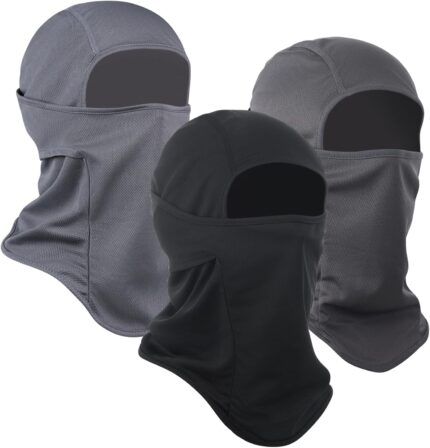 Three Sclzoed balaclava ski masks in black, dark grey, and grey, displayed folded.