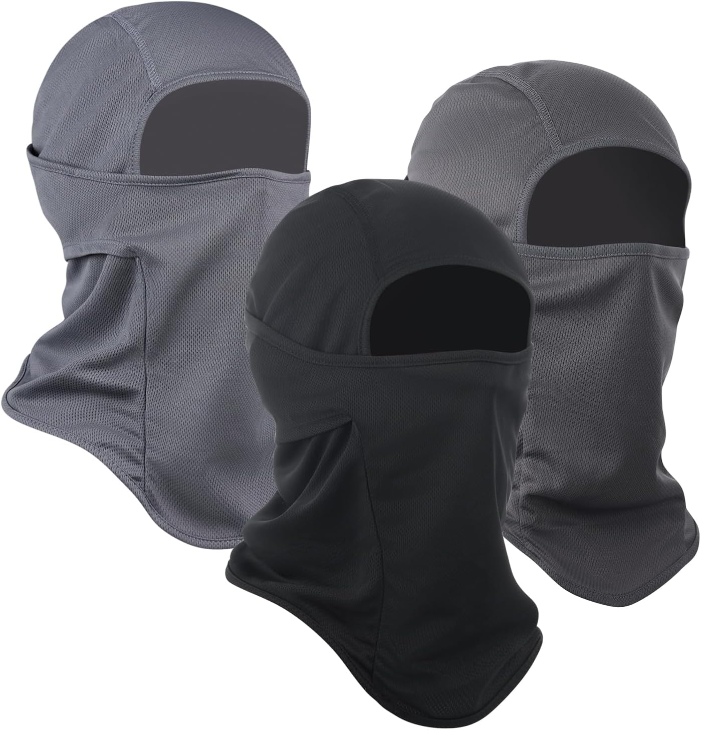 sclzoed-3-pack-balaclava-ski-mask-for-winter-sports-outdoors-black-dark-grey-grey-01 Three Sclzoed balaclava ski masks in black, dark grey, and grey, displayed folded.