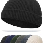 Close-up of a black Simapu Thin Fisherman Knit Beanie Hat with a cuffed brim, showcasing its knit texture.