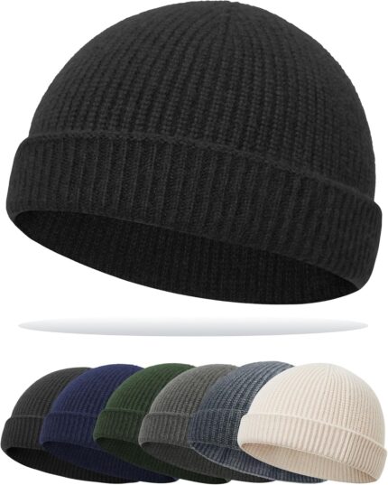 Close-up of a black Simapu Thin Fisherman Knit Beanie Hat with a cuffed brim, showcasing its knit texture.