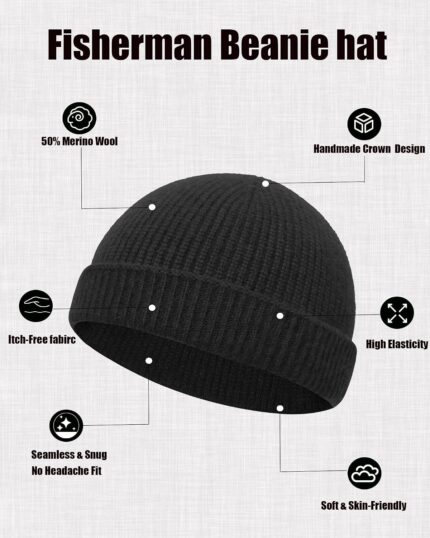 Close-up of a black Simapu Thin Fisherman Knit Beanie Hat with a cuffed brim, showcasing its knit texture.