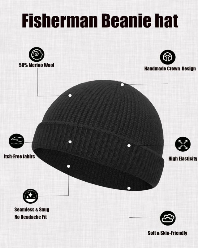 Close-up of a black Simapu Thin Fisherman Knit Beanie Hat with a cuffed brim, showcasing its knit texture.