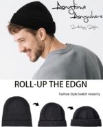 Close-up of a black Simapu Thin Fisherman Knit Beanie Hat with a cuffed brim, showcasing its knit texture.
