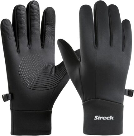 Pair of black Sireck men's water-resistant winter gloves with touchscreen fingertips and reflective logo.