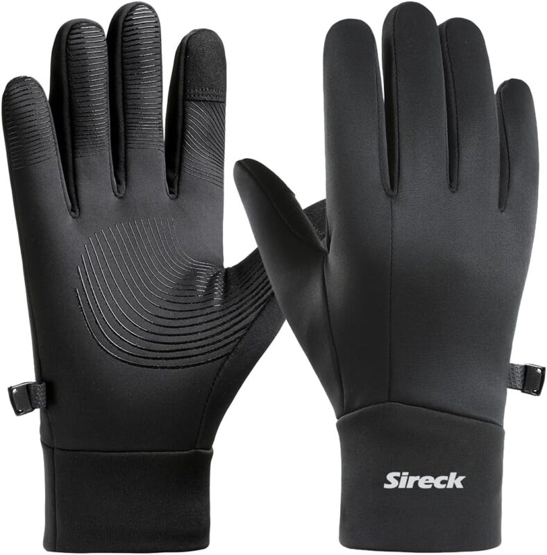 Pair of black Sireck men's water-resistant winter gloves with touchscreen fingertips and reflective logo.