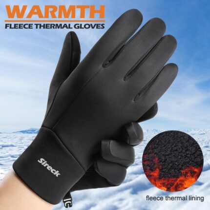 Pair of black Sireck men's water-resistant winter gloves with touchscreen fingertips and reflective logo.