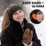 A woman wearing a Sukeen Double-Layer Ear Warmer Headband in Black Gray, smiling while outdoors in winter.