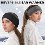 A woman wearing a Sukeen Double-Layer Ear Warmer Headband in Black Gray, smiling while outdoors in winter.